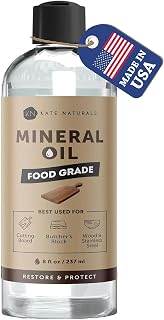 Kate Naturals Mineral Oil for Wood Cutting Board, Food Grade, Odorless, 8oz | Food Safe Mineral Oil to Protect Wooden Cutting Board, Butcher Block, Utensils, Bamboo Boards, Stainless Steel Knife