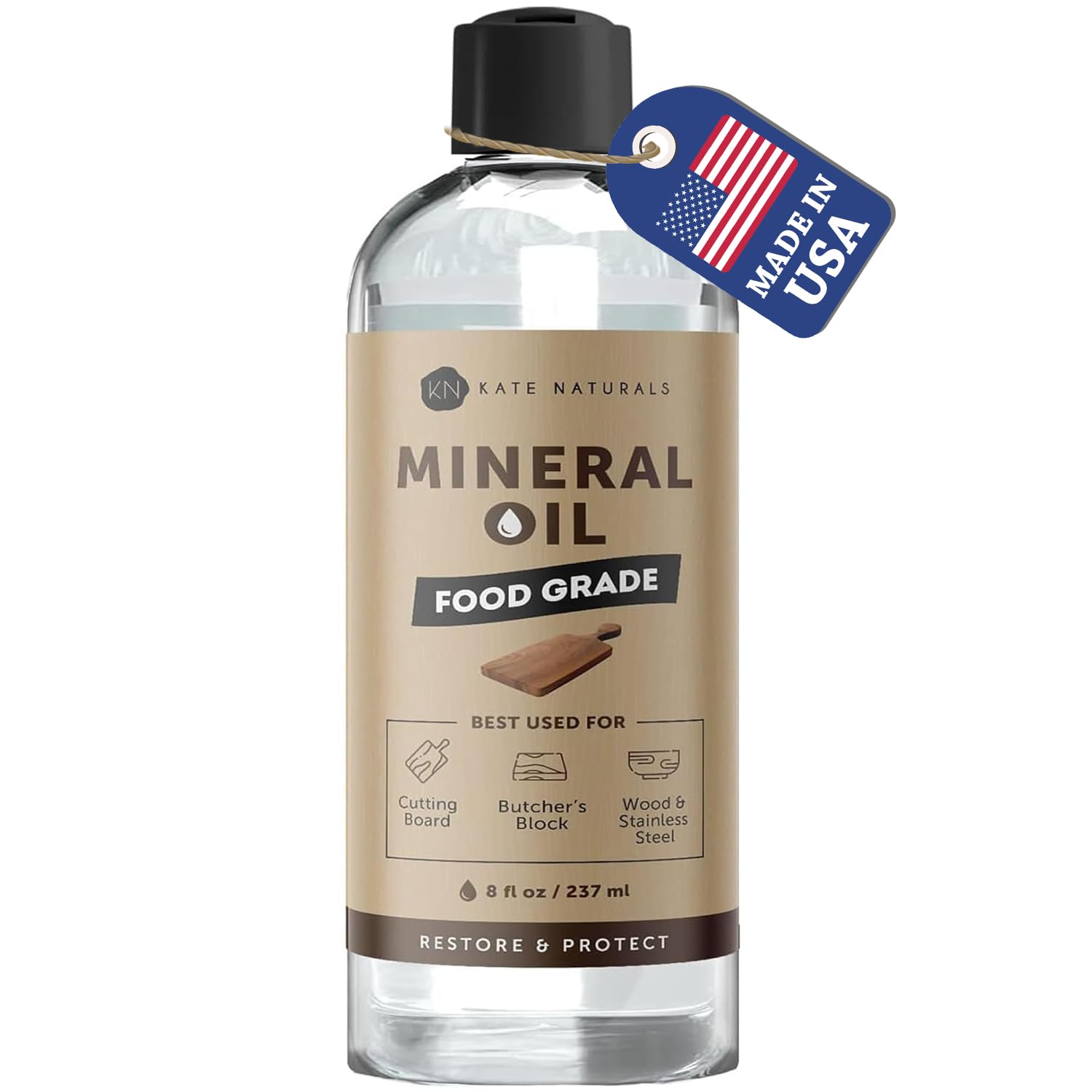Kate Naturals Mineral Oil for Wood Cutting Board, Food Grade, Odorless, 8oz | Fo