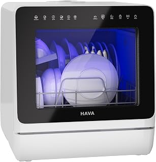 HAVA Countertop Dishwasher with Water Softener & Enhanced Energy Efficiency | Portable Dishwasher with 8 Wash Programs, Child Lock & Delayed Start Function, 5L Built-In Water Tank, No Installation Needed