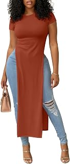 OPOIPIN Women's Crew Neck Split Slit Hem Short Sleeve Slim Fit Tee Top Long Shirt Tunic