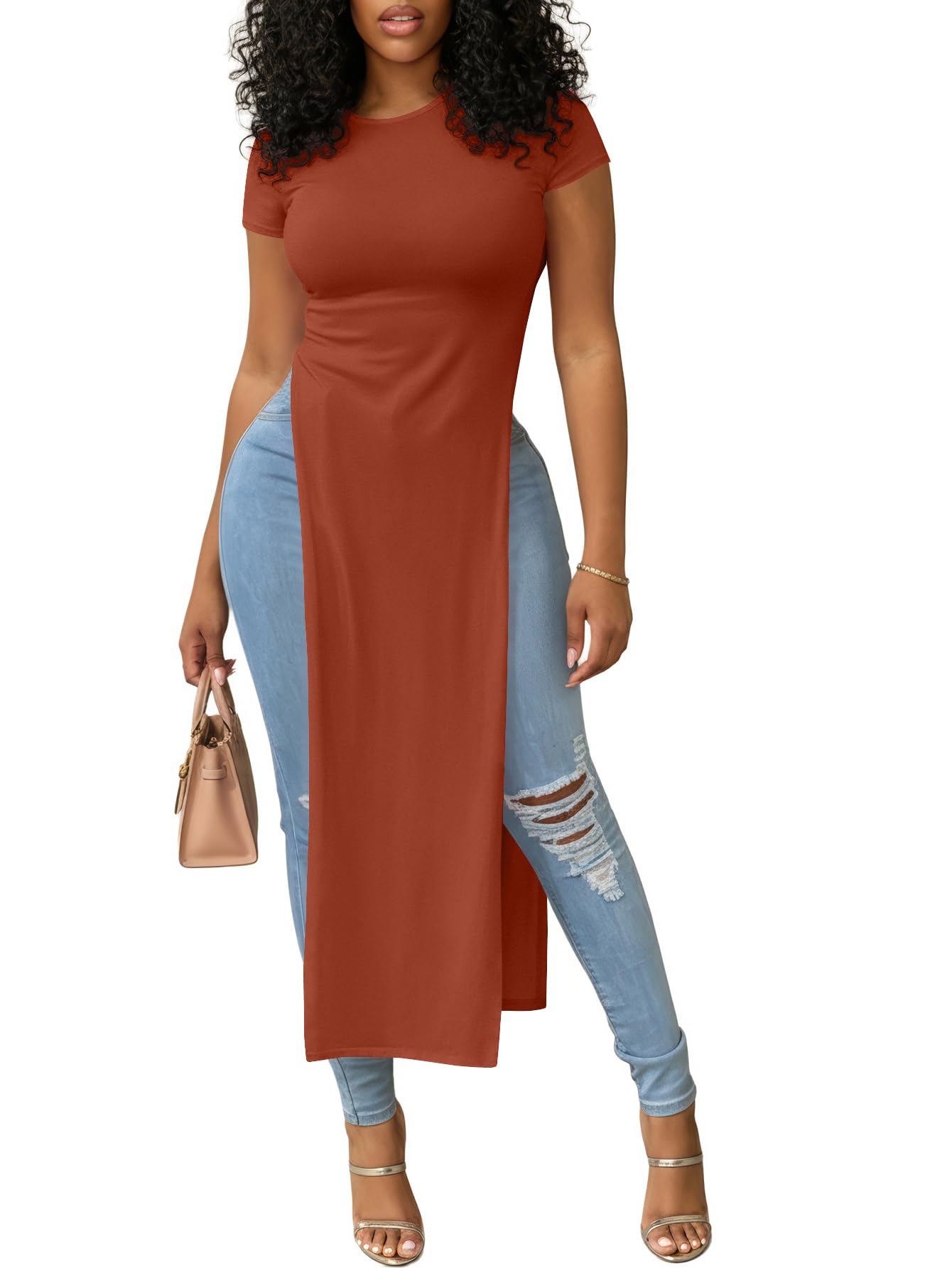 OPOIPIN Women's Crew Neck Split Slit Hem Short Sleeve Slim Fit Tee Top Long Shir