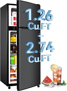 Anypro 4.0 Cu.Ft Fridge with Freezer, Double Door Refrigerator with 6 Level Thermostat, LED Light, Adjustable Glass Shelves for Bedroom, Office, Dorm, Apartment, Black