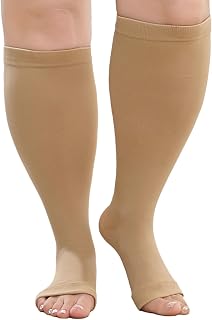 PUTUO Large Size Open Toe Compression Socks for Women Men Large Size Big Calf for Sporty Travel on Plane Pregnancy 1 Pairs Beige 4XL