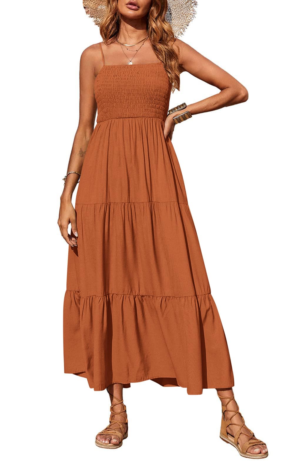 PRETTYGARDEN Women Summer Dress Maxi Casual Boho Sleeveless Spaghetti Strap Smoc
