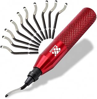 AFA Tooling Deburring Tool, 11 M2 Blades, Red CNC Anodized Aluminum Handle | Built for 3D printing, metal, PVC, copper, resin and plastic; high-speed steel gives 360-degree rotation on curves & holes