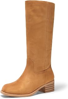 Coutgo Ladies Square Toe Wide Heel Comfort Low Heel Knee High Boots