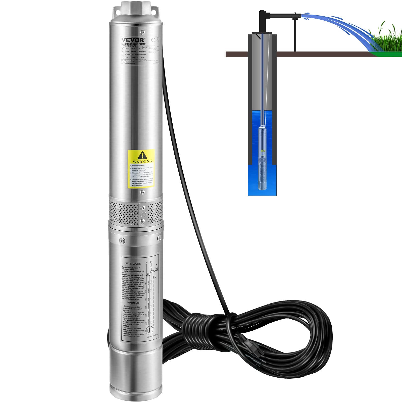 VEVOR Deep Well Submersible Pump 1 HP 115V/60Hz 37 GPM Flow 207 ft Head | for In