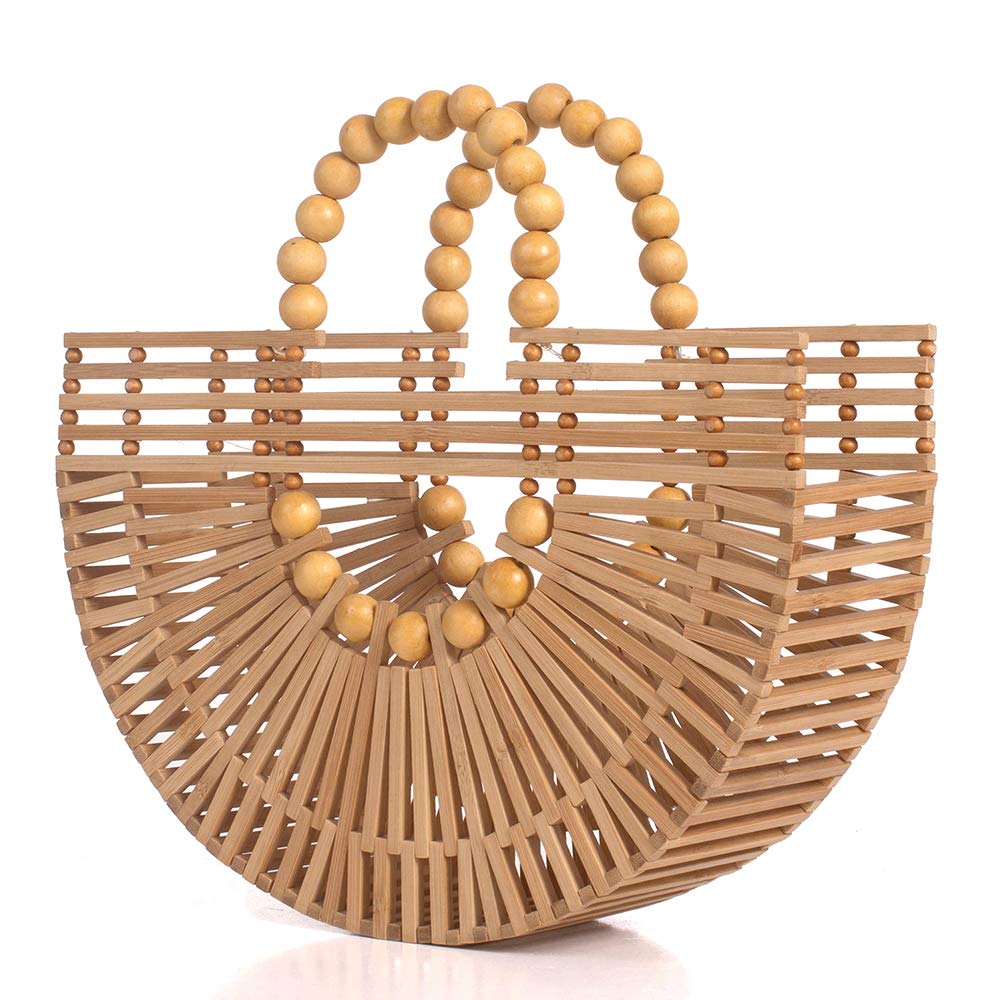 Womens Bamboo Handbags with Wooden Beads Tote Bag, Handmade Straw Bag for Summer