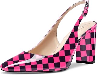 NobleOnly Women's High Chunky Wide Heel Closed Toe Square Toe Slingback Pumps Slip-on Cute Dress Office Shoes 8.5 CM Heels
