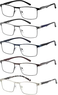 JM 5 Pack Rectangular Reading Glasses Men, Blue Light Blocking Computer Readers, Metal Thin Frame Spring Hinge Eyeglasses