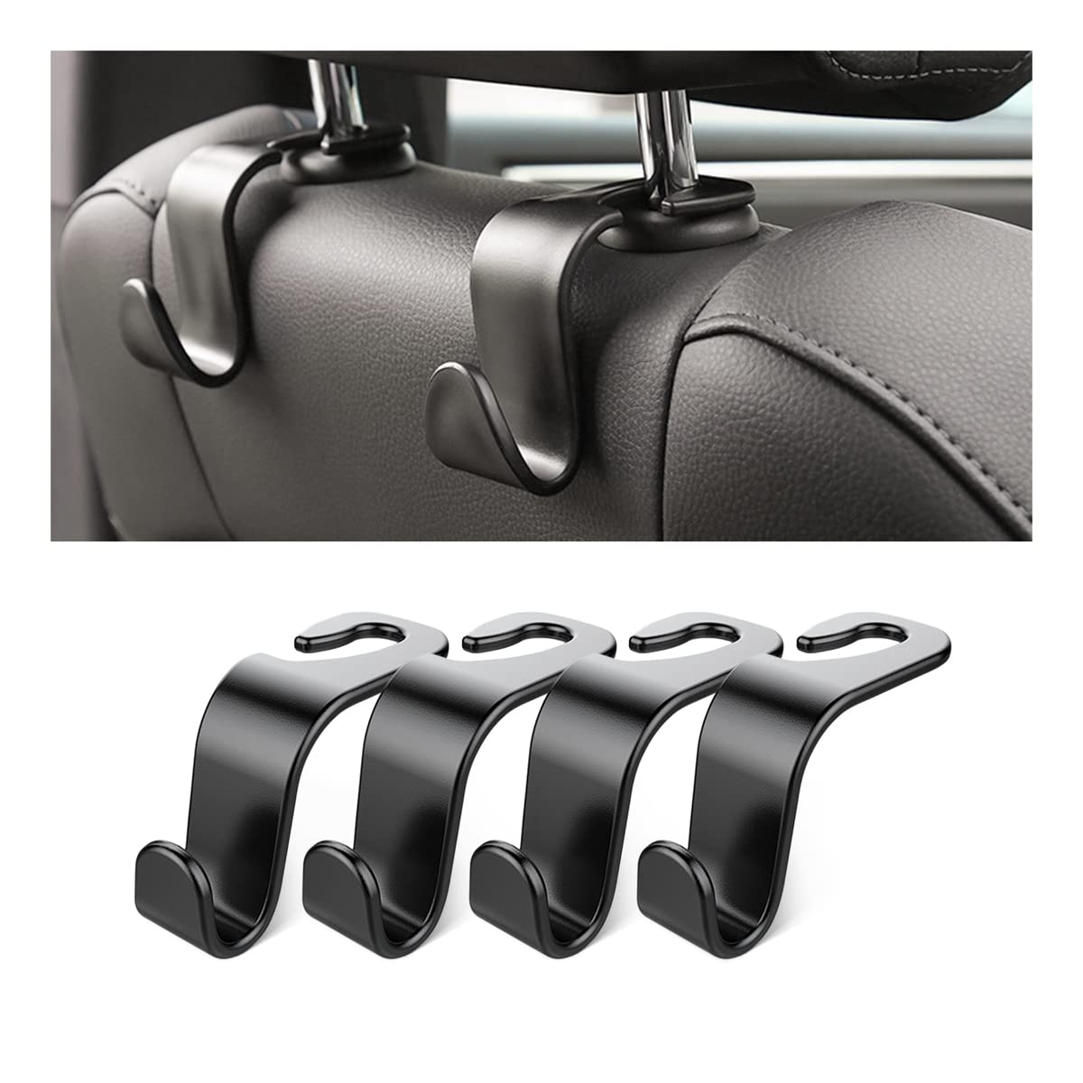 Hanemia 4 Pack Curved Headrest Hooks for Vehicle Seats, Black Style 2 | PP mater