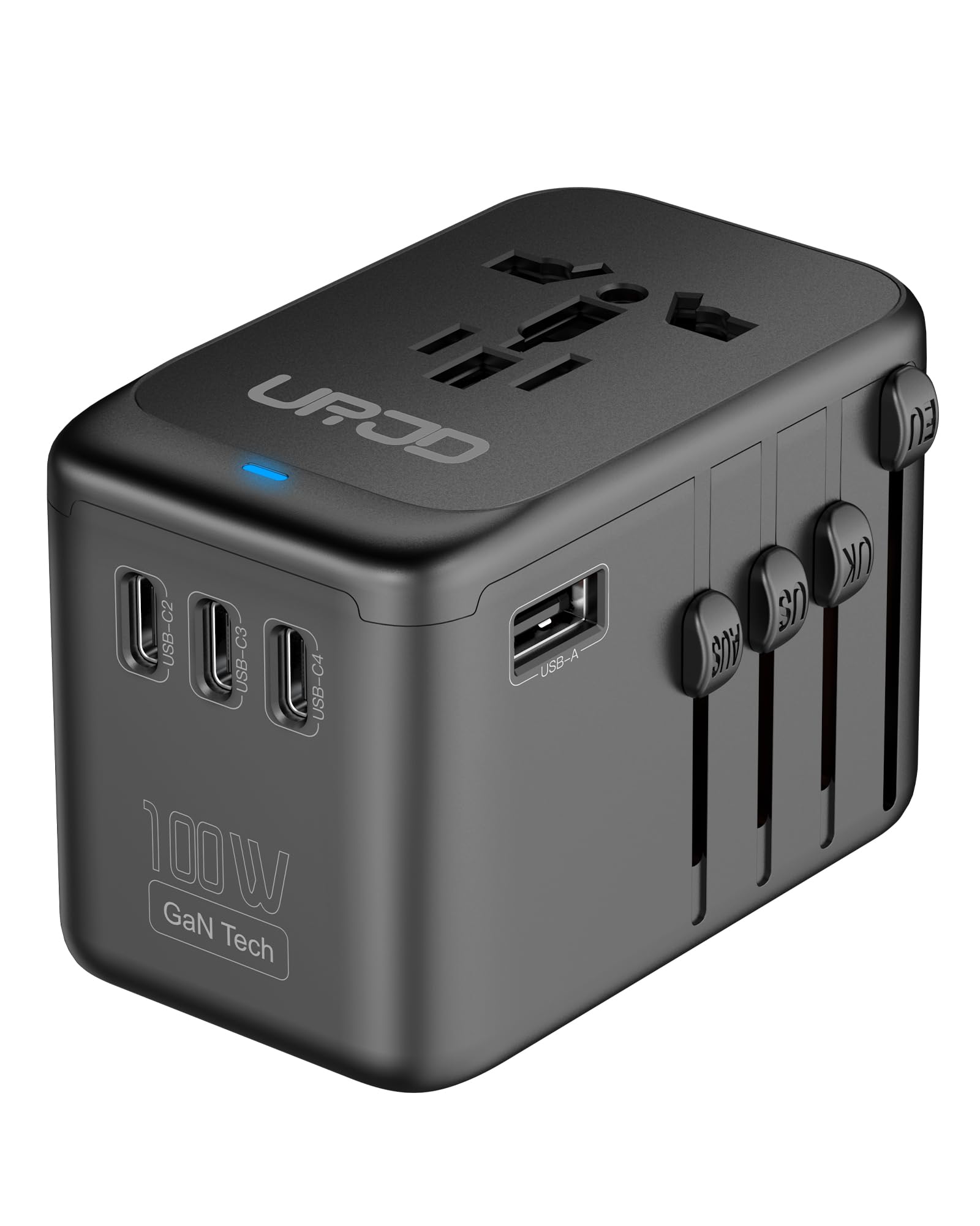 URJD 100W GaN Universal Travel Adapter, 5 USB C/A Ports + 2500W AC Outlet | Inte