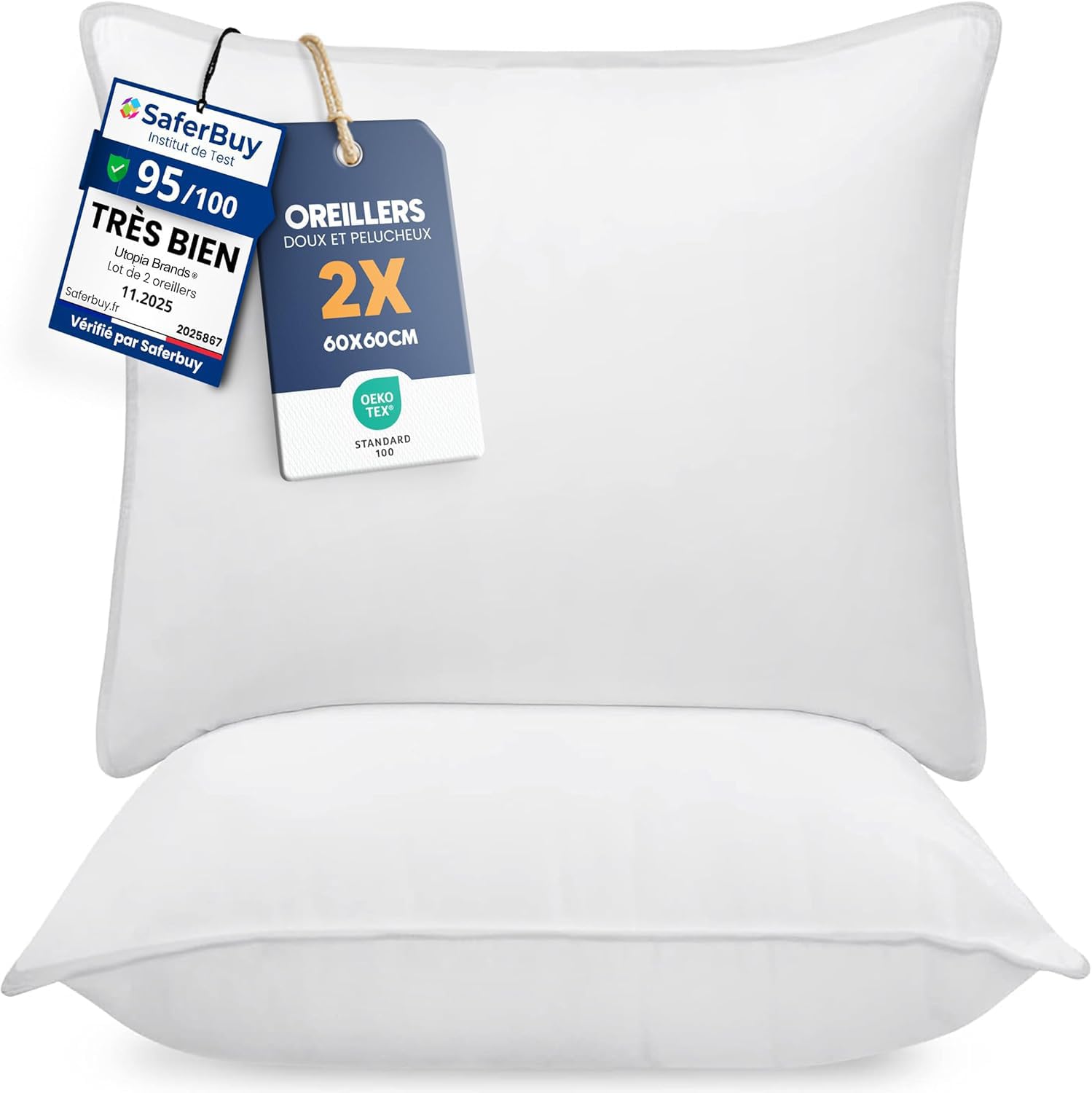 Utopia Bedding Set of 2 Pillows 60 x 60 cm Bed Cushions White | Soft and comfort