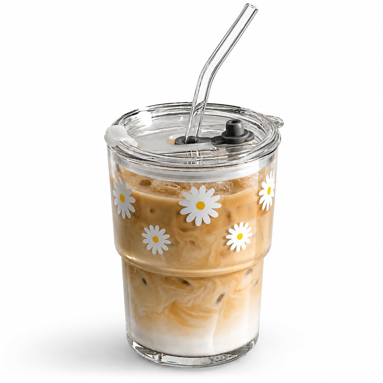 Olvini 13oz Glass Tumbler with Straw and Lid, Reusable Iced Coffee Cup Tumbler, 
