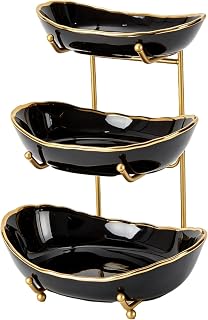 DUJUST 3 Tier Fruit Bowl, Elegant Ceramic Fruit Stand with Gold Trim, Stackable & Easy to Store, Multifunctional Serving Tray for Fruit/Vegetables/Snacks - Black Gold
