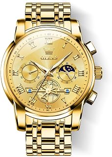 OLEVS Mens Two Tone Stainless Steel Quartz Chronograph Diamond Moon Phase Gold Dial Blue Black Waterproof Luminous Wrist Watch