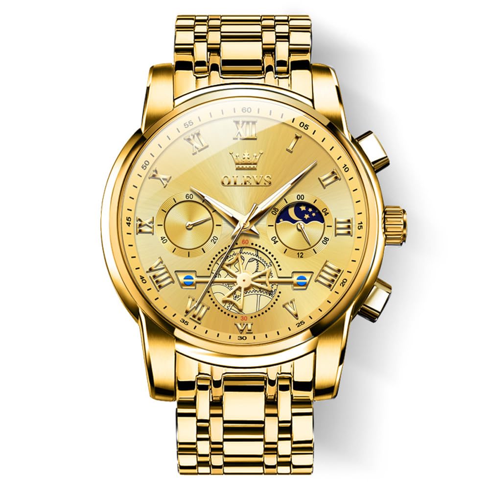 OLEVS Mens Two Tone Stainless Steel Quartz Chronograph Diamond Moon Phase Gold D