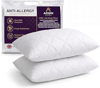 Hotel Quality Quilted Pillows Pack of 2 Anti Allergy Bounce Back Bed Pillows with Soft Touch Quilted Cover – Breathable Hollowfibre Filling for Side, Back & Stomach Sleepers