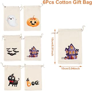 6pcs Halloween Party Drawstring Bags Cotton Boo Cute Ghost Pumpkin Cat Castle Bat Pattern Drawstring Gift Candy Toy Jewelry Treat Bags Reusable Halloween Party Favors Supplies