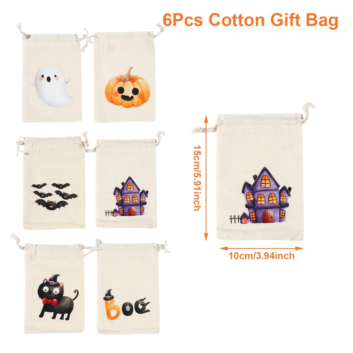 6pcs Halloween Party Drawstring Bags Cotton Boo Cute Ghost Pumpkin Cat Castle Ba