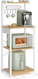 VASAGLE 4-Tier Kitchen Bakers Rack with Power Outlet, 17.7-Inch Wide | Microwave Stand, Coffee Bar, with 8 S Hooks, Adjustable Shelf, Golden Oak and Cloud White, BARNET Collection UKKS013YA01