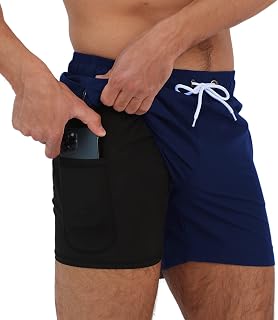 Arcweg Men's Swim Trunks Compression Lining 2 in 1 Quick Dry Short Liner Elastic Surf Shorts with Zipper Pockets