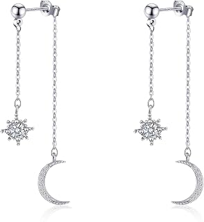 Watforsh Moon and Star Dangle Earrings | Chain Tassel with Cubic Zirconia Drop Front and Back Earrings Celestial Jewelry for Wedding Gift