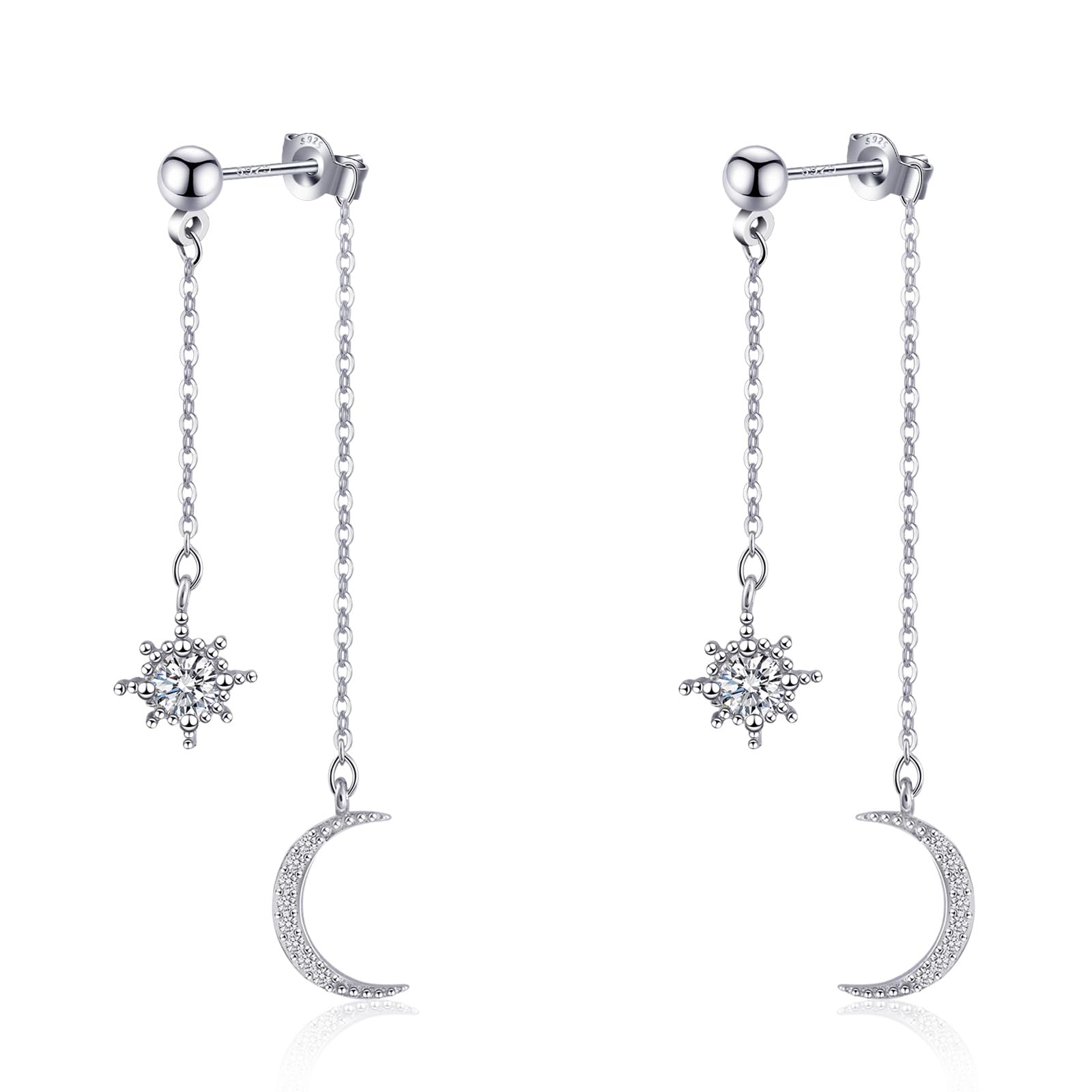 Watforsh Moon and Star Dangle Earrings | Chain Tassel with Cubic Zirconia Drop F