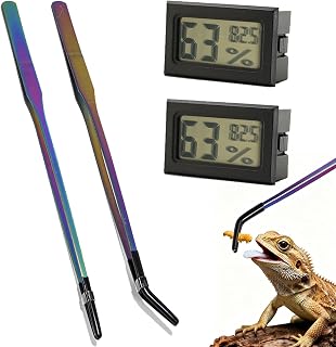 4 Pack Reptile Thermometer and Humidity Gauge & Reptile Feeding Tongs | Bearded Dragon Tank Accessories, Digital Hygrometer and 10.6" Straight & Curved Long Tweezers with Rubber Tips for Lizard