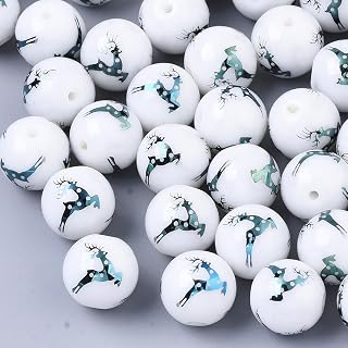 20pcs Matte White Glass Christmas Beads with Electroplated Snowflake Tree Reindeer Bell Spacer Loose Beads for Christmas Decorations DIY Jewelry Making Reindeer