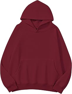 Lauweion Women Solid Basic Fleece Letter Loose Hoodie Sweatshirt Long Sleeve Kangaroo Pocket Drop Shoulder Pullovers Top