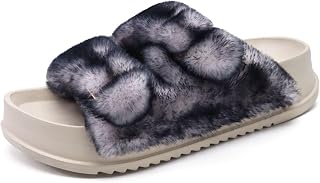 KuaiLu Women's Orthopaedic Plush Warm Slides Sandals with Soft Footbed, Cuddly Arch Support, Fluffy Slippers, Open Toe, Summer, Winter, Size 36-43