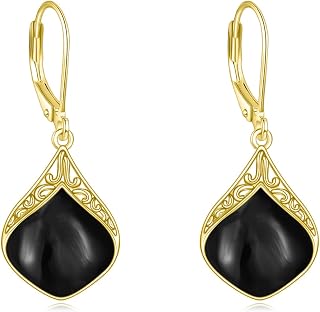 Black Onyx Earrings for Women Sterling Silver 18K Yellow Gold Plated Black Opal Filigree Boho Dangle Earrings Jewelry Gifts for Girls