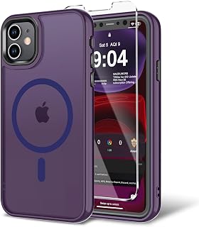 for iPhone 11 Case with Screen Protector, [Compatible with Magsafe] Ultra Slim Translucent Matte Shockproof Protection Phone Cover-Dark Purple