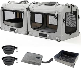 Petseek Extra Large Cat Carrier Soft Sided, Portable Small Dog Carrier for 2 Cats, 24"x16.5"x16" Car Travel Folding Comfortable Design with Litter Box and Bowls, Grey-2+ Litter Box+ Bowl*2
