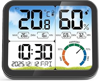 5.8'' Digital Indoor Thermometer Hygrometer, Temp Humidity Monitor & Clock | USB-C & Battery Powered, Large Backlit Display, Calibratable Readings, Max & Min Records, Comfort Level, Date & Time Display