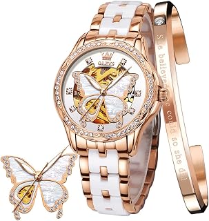 OLEVS Rose Gold Automatic Watch for Women Skeleton Mechanical Self-Winding Elegant Elegant Elegant Butterfly White Diamond Ceramic Band Gold