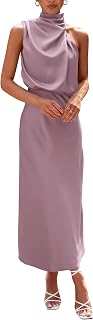 PRETTYGARDEN 2023 Women's Summer Dress Satin Elegant Sleeveless Turtleneck Cocktail Party Dress