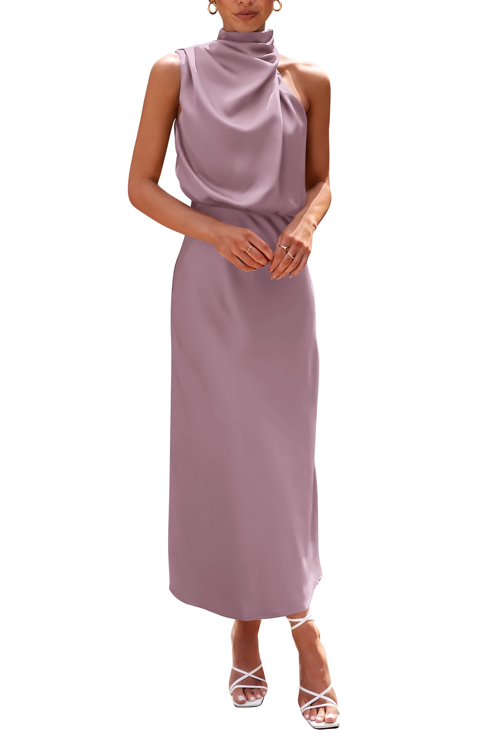 PRETTYGARDEN 2023 Women's Summer Dress Satin Elegant Sleeveless Turtleneck Cockt
