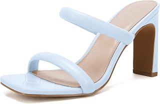 Coutgo Womens Heels Sandals Open Square Toe Two Strap Chunky High Heel Mule Sandal Comfortable Summer Dressy Shoes