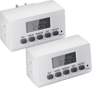 BN-LINK Indoor 24H Programmable Digital Timer Outlet, Slim 1 Outlet, 2 Pack | 2 Daily Programs; 125V/15A/1875W; Backup Battery; Side Outlet; For Lamps, Aquarium, Reptile Tanks, Holiday Decor; ETL Listed