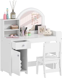 Qaba Kids Vanity Table and Chair w/Cabinet Drawer and Shelves, White | 2 in 1 Toddler Dressing Table and Chair Set, Study Desk and Chair with Lighted Mirror, Pretend Makeup Playset, Girls 3-8 Y