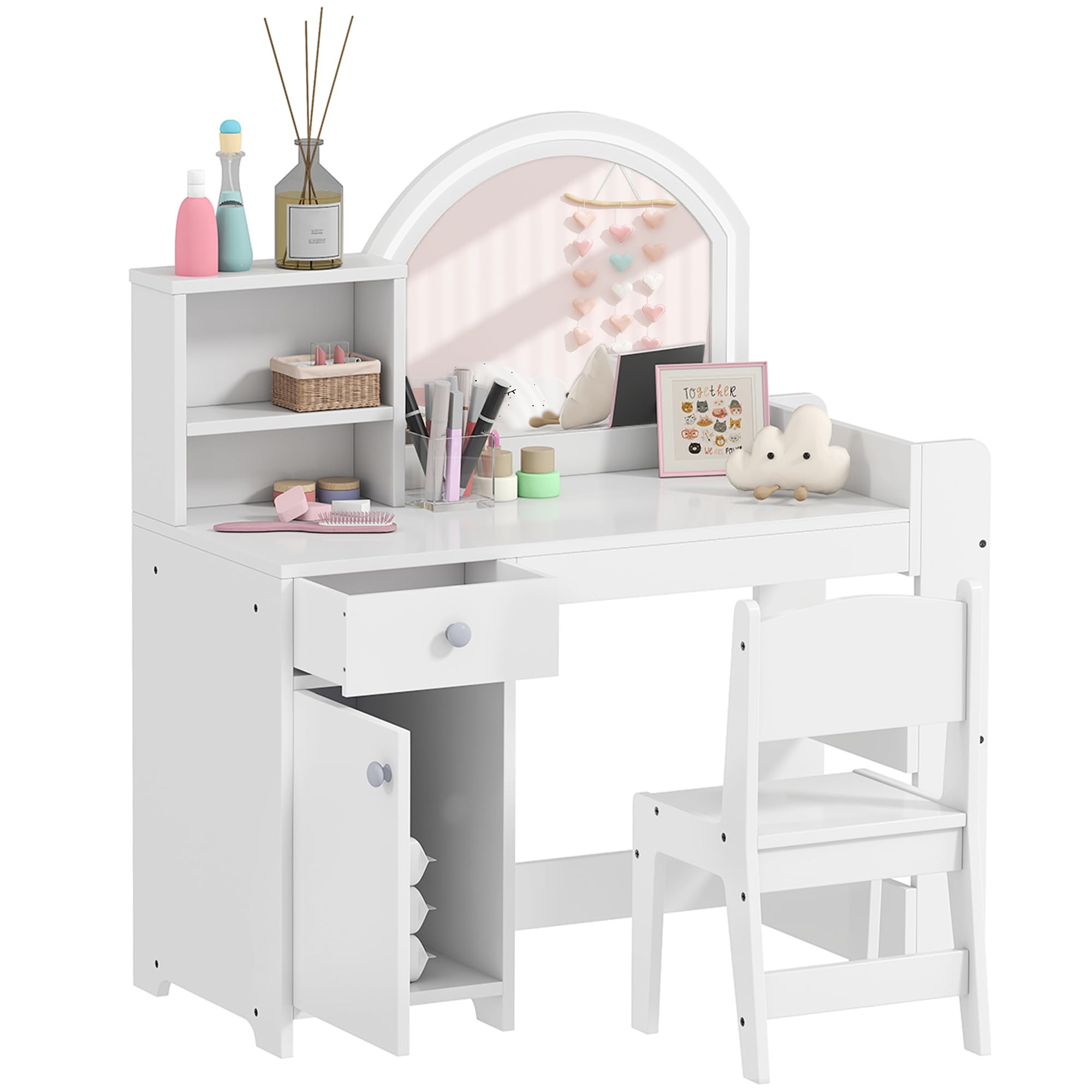 Qaba Kids Vanity Table and Chair w/Cabinet Drawer and Shelves, White | 2 in 1 To