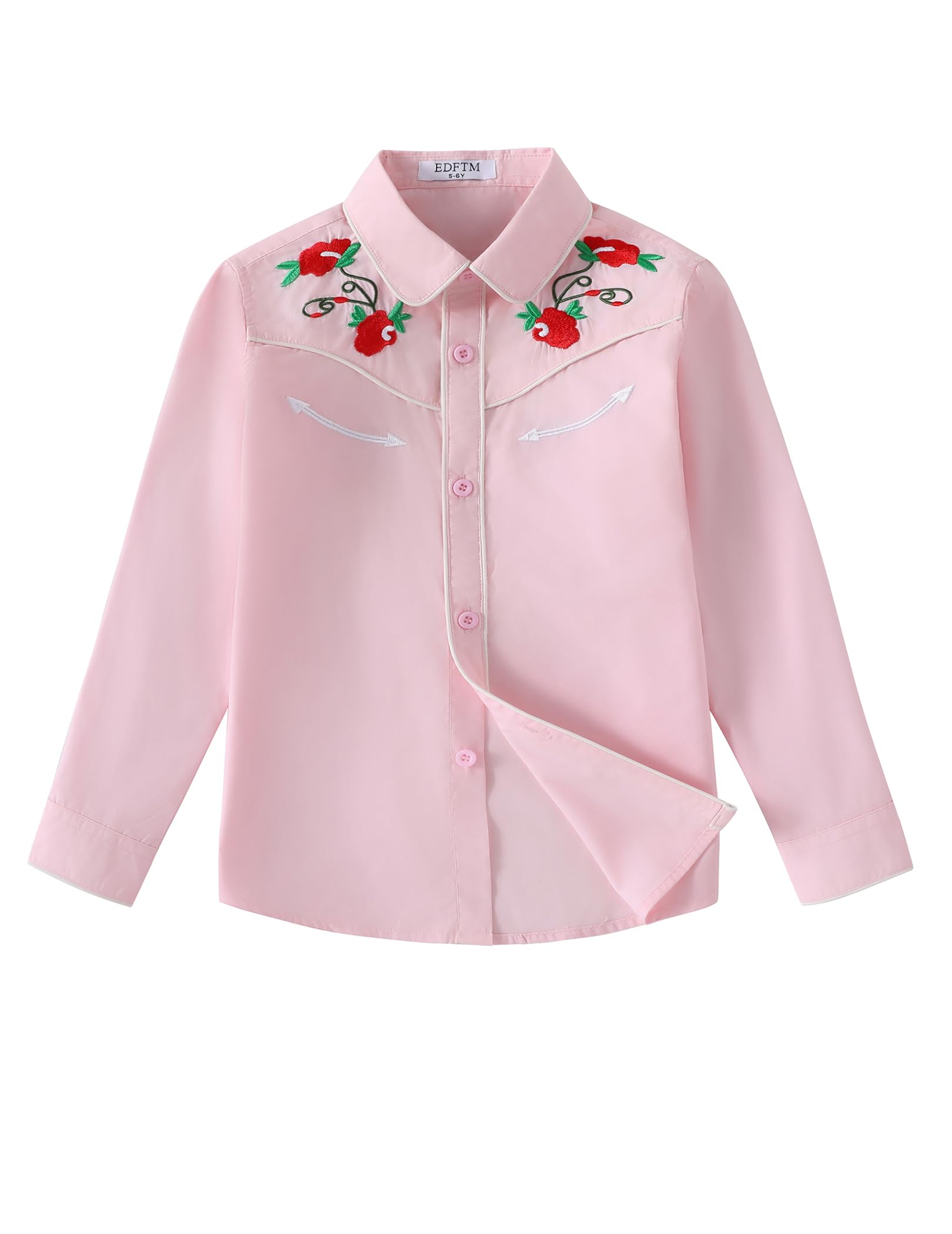 Girls Western Cowgirl Shirt Long Sleeve Retro Floral Embroidered Collared Button
