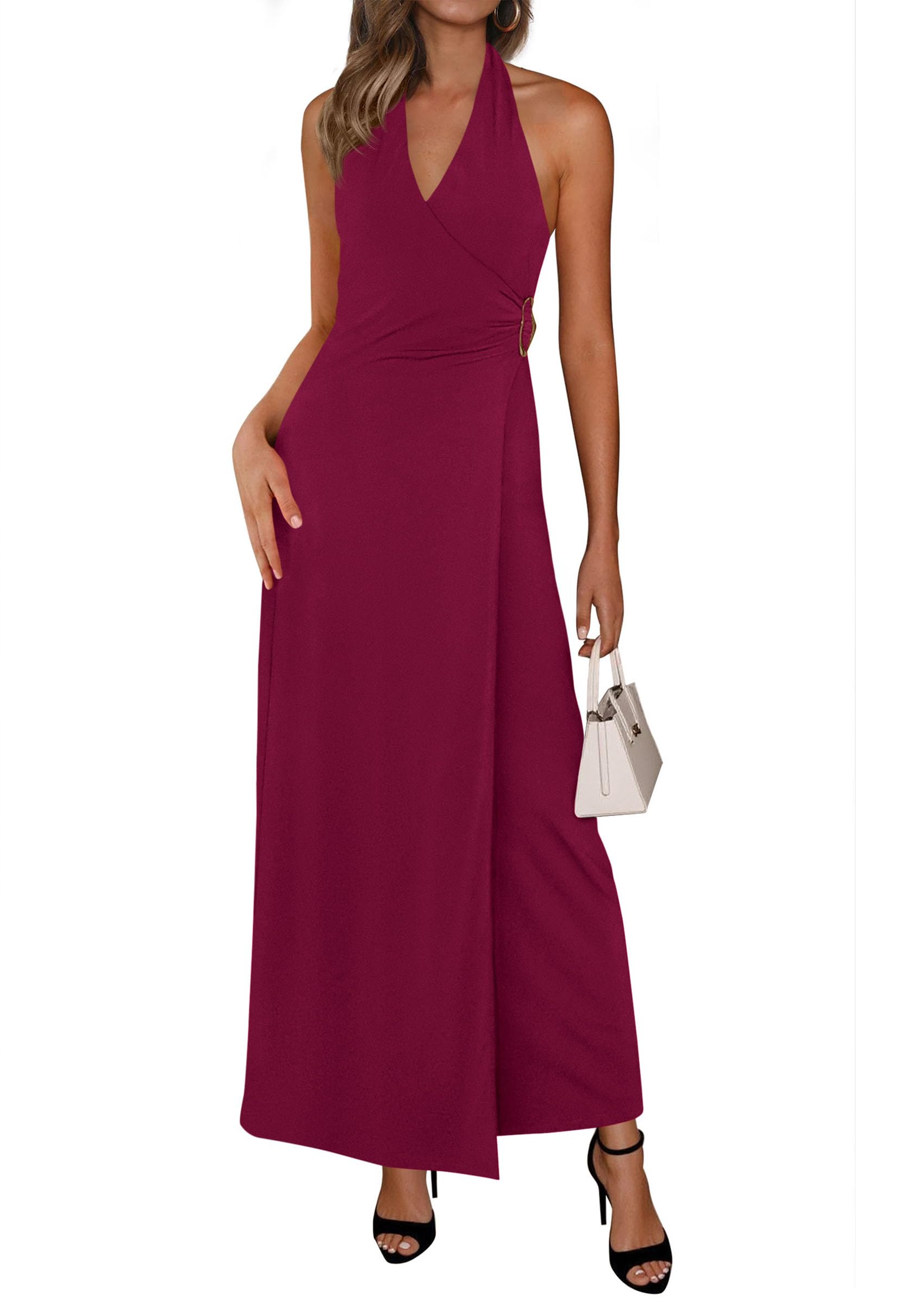 PRETTYGARDEN Halter Dresses for Women 2026 Elegant Classy Spring V Neck Tie Back