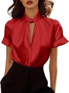 Satin Blouses for Women Silk Blouses Short Sleeve Mock Neck Casual Dress Shirts for Business Work Office 2026
