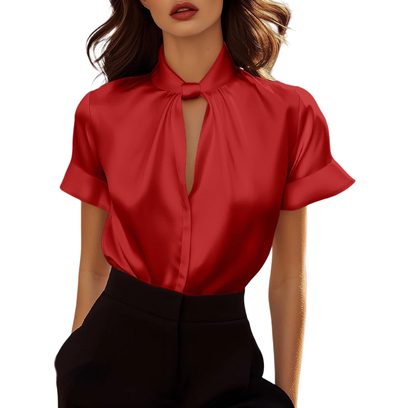 Satin Blouses for Women Silk Blouses Short Sleeve Mock Neck Casual Dress Shirts 