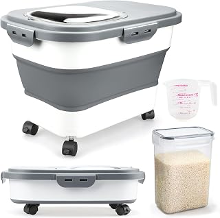 Komzon Rice Storage Containers, Collapsible 10 to 30Lbs Food Storage Bin Dispenser with Rolling Wheel and Clear Airtight Lid, BPA Free Flour, Sugar, Cereal and Dog Cat Pet food Containers