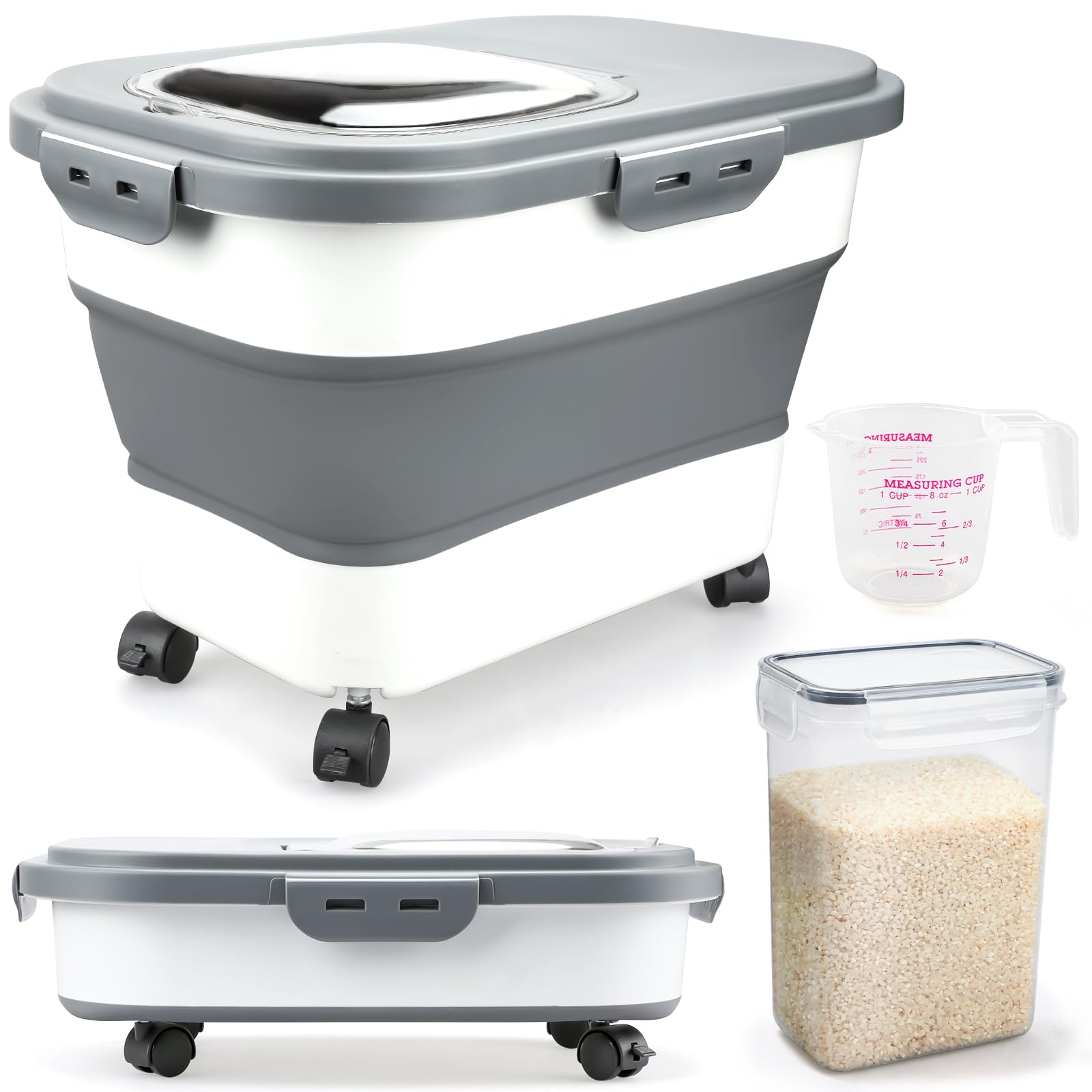 Komzon Rice Storage Containers, Collapsible 10 to 30Lbs Food Storage Bin Dispens