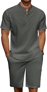 COOFANDY Men's 2 Piece Linen Set Casual Henley Shirts Short Sleeve Beach Yoga Shorts Summer Pants Outfits